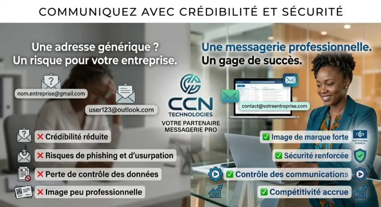 Adresse Gmail en entreprise : pourquoi passer à une messagerie professionnelle Comparatif CCN Technologies : adresse e-mail générique (Gmail, Outlook) ou messagerie professionnelle à votre nom de domaine