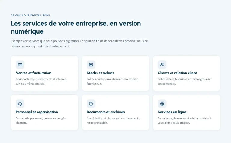 ERP : à quoi ça sert et quand une PME en a-t-elle besoin ? Exemples de services d'entreprise à digitaliser : ventes, stocks, clients, personnel, documents et services en ligne